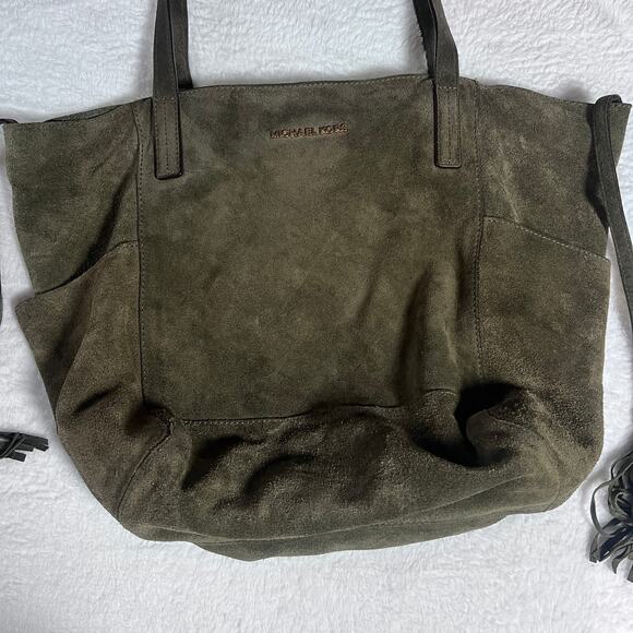 Michael Kors Suede Leather Tote Army Green Large Shoulder Bag Tassel Boho Purse - Picture 11 of 16